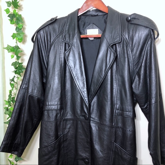 Vintage Other - 80s Long Black Leather Trench Coat Small